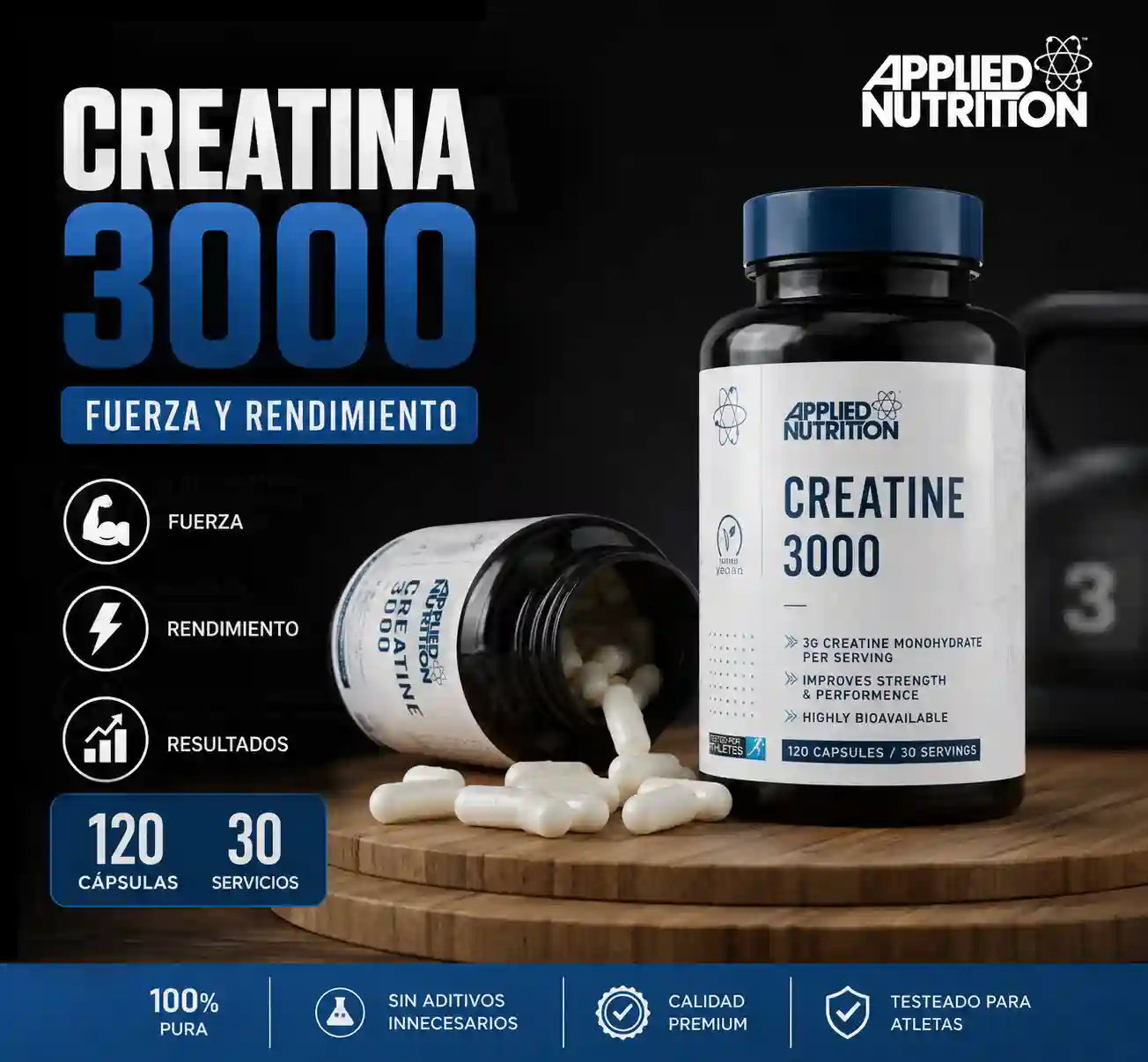 Creatina 3000 de Applied Nutrition | Creatina Monohidratada 100% Pura (120 Cápsulas)