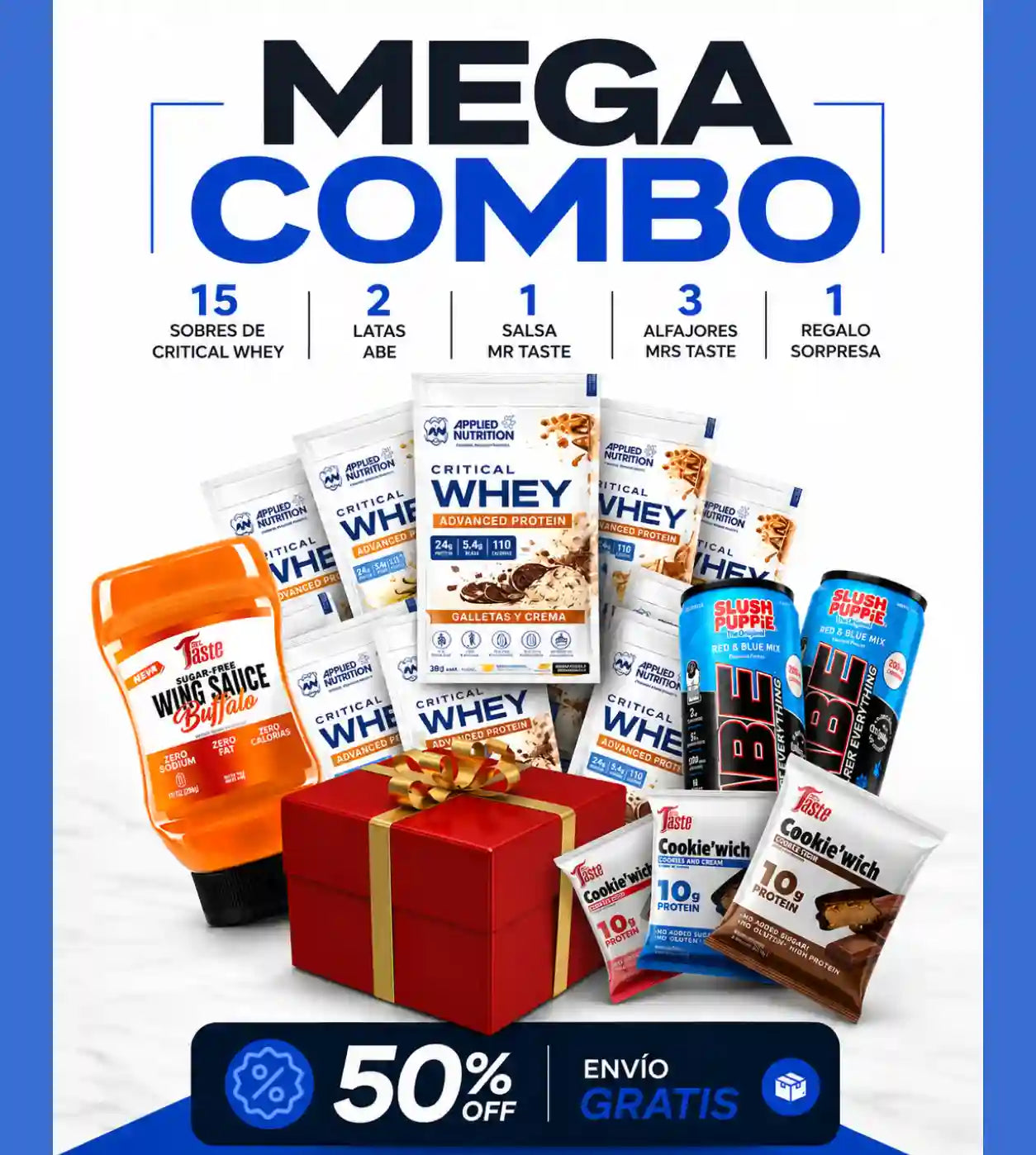 COMBO SURTIDO: 15 Sobres de Critical Whey | 2 Latas ABE | 1 Salsa Mr Taste | 3 Alfajores Mrs Taste + Obsequio Sorpresa