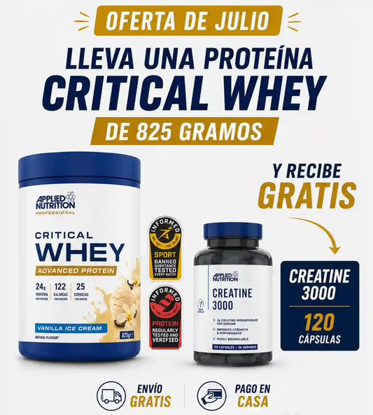 Oferta: Lleva 1 Critical Whey de 825 gr y Recibe GRATIS 1 Creatine 3000 de 120 Cápsulas