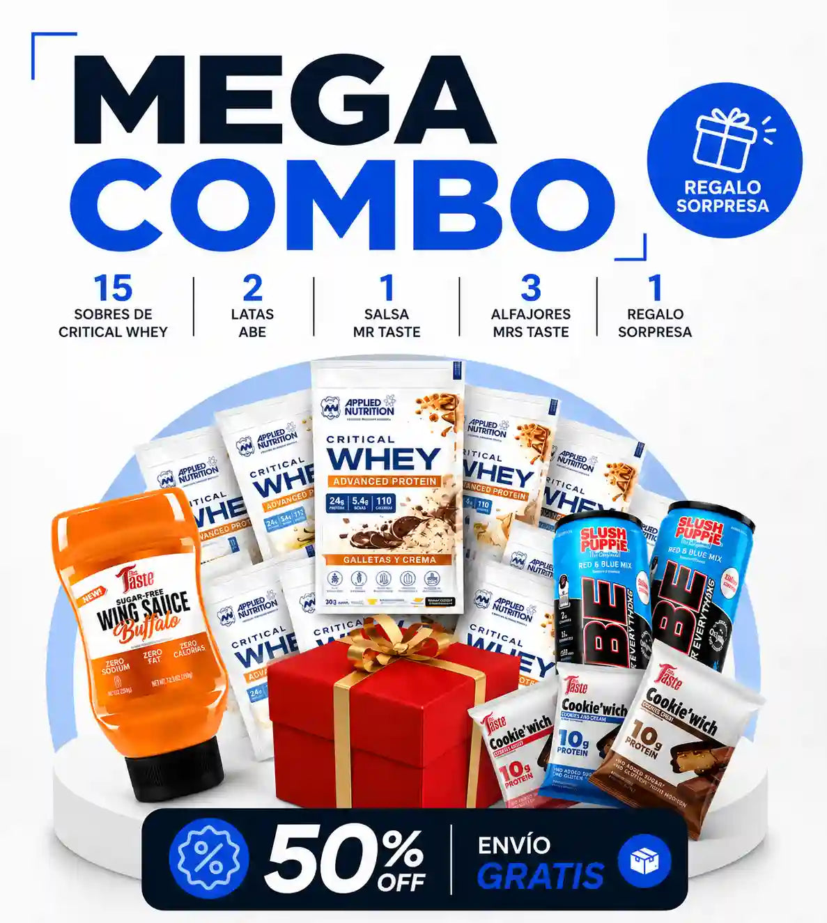 COMBO SURTIDO: 15 Sobres de Critical Whey | 2 Latas ABE | 1 Salsa Mr Taste | 3 Alfajores Mrs Taste + Obsequio Sorpresa