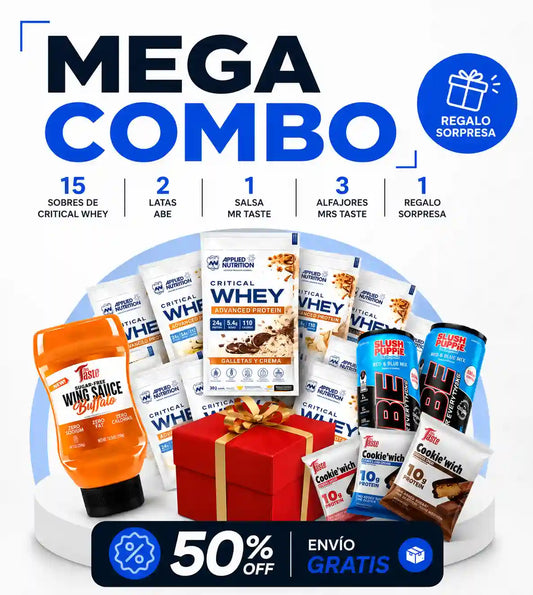COMBO SURTIDO: 15 Sobres de Critical Whey | 2 Latas ABE | 1 Salsa Mr Taste | 3 Alfajores Mrs Taste + Obsequio Sorpresa