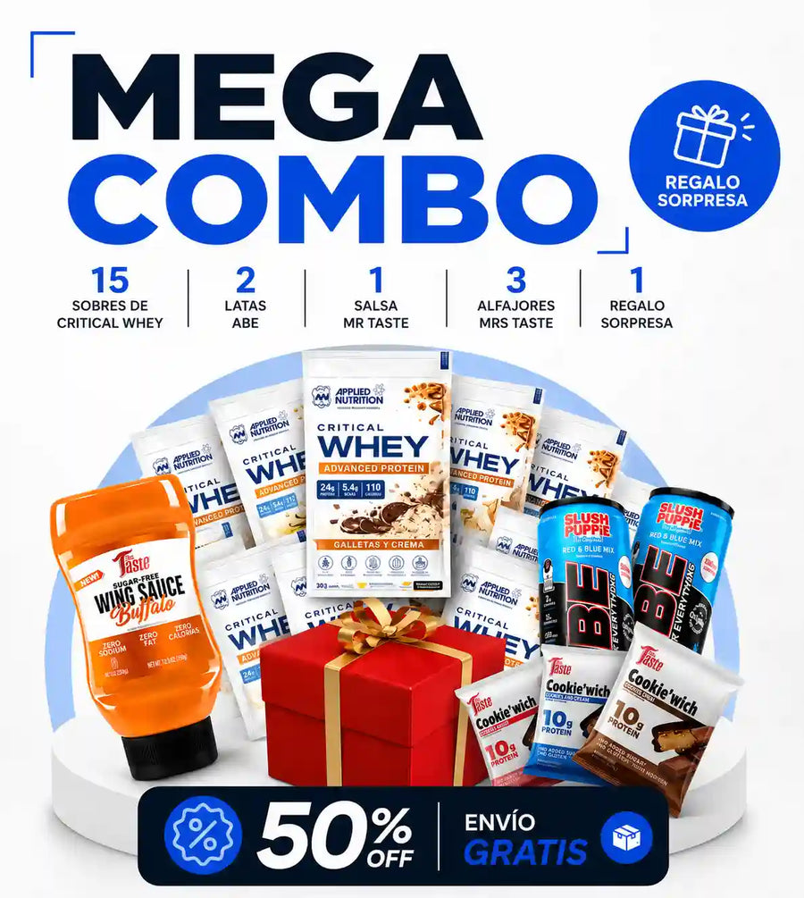 COMBO SURTIDO: 15 Sobres de Critical Whey – 2 Latas ABE – 1 Salsa Mr Taste – 3 Alfajores Mrs Taste + Obsequio Sorpresa