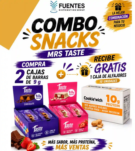 Combo Snacks  | 2 Cajas de Barras de Proteínas | Mrs Taste (Caja x 12 unds) + 1 Caja de Alfajores GRATIS (10 unds)